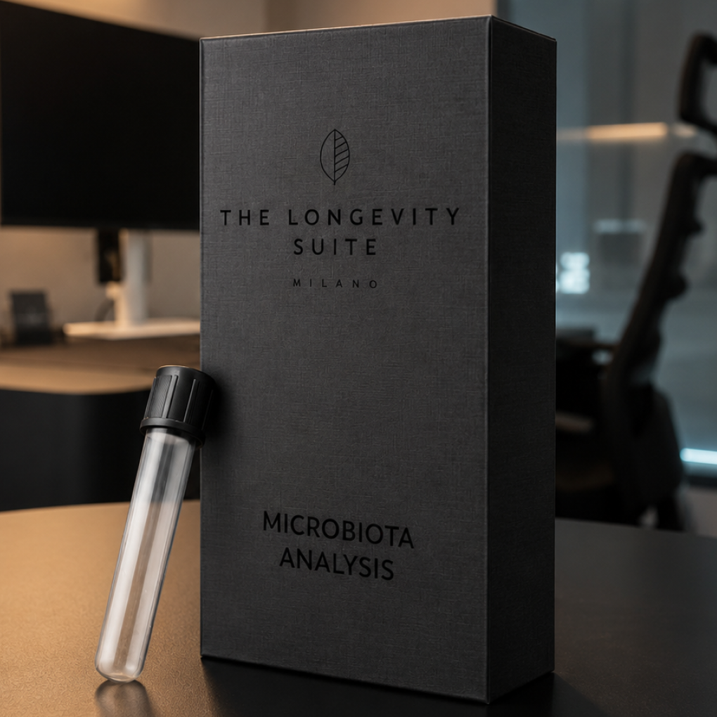 A black box labeled "The Longevity Suite Milano - Microbiota Analysis" sitting next to a glass specimen collection tube.