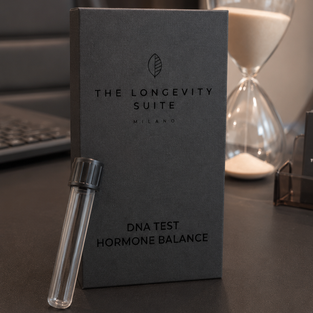 The Longevity Suite Milano DNA Test Hormone Balance box and collection tube.