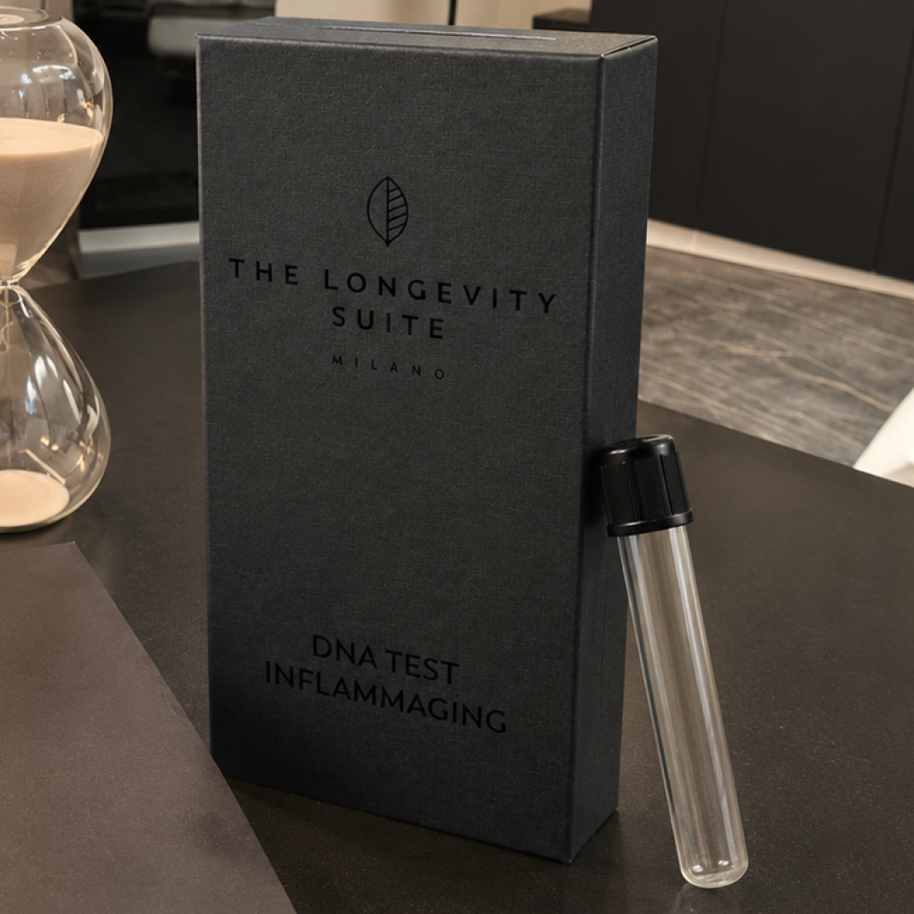 A dark gray box labeled 'The Longevity Suite Milano - DNA Test Inflammaging' standing next to a clear sample collection tube.