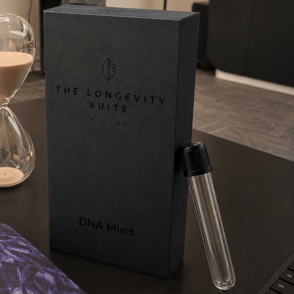 Black "DNA Mind" test kit box by The Longevity Suite Milano placed next to a clear sample collection vial, with an hourglass in the background.