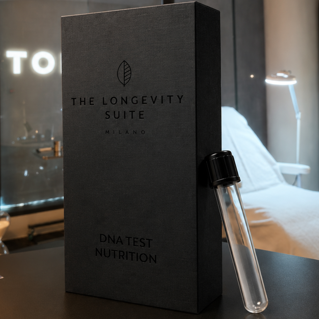 Black box labeled "The Longevity Suite Milano DNA Test Nutrition" standing next to a clear specimen collection vial with a black cap.