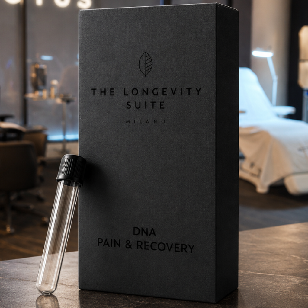 Black packaging box for The Longevity Suite labeled 'DNA PAIN & RECOVERY' standing next to a clear sample collection vial.