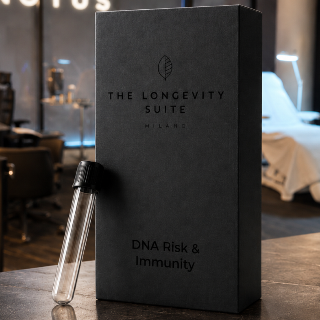 A black 'The Longevity Suite Milano' DNA Risk & Immunity test kit box sitting next to a glass sample collection tube in a modern wellness clinic