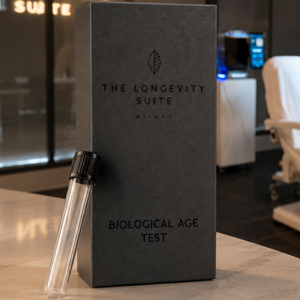 The Longevity Suite Biological Age Test kit with sample collection tube.