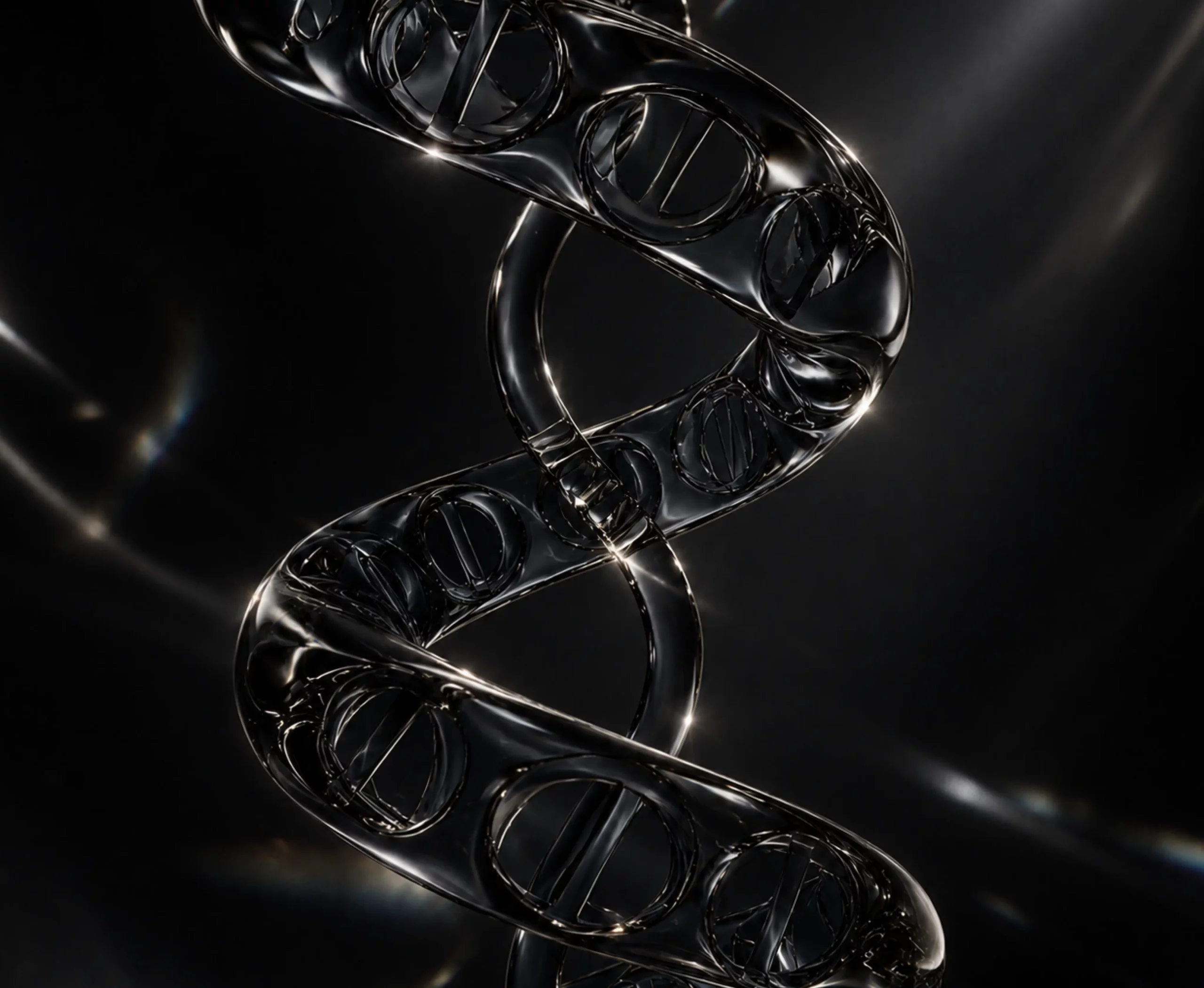 A metallic, glossy double helix model of DNA rendered against a dark, reflective background.