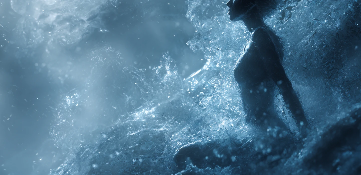 Silhouette of a person immersed in dynamic, swirling blue water with splashing bubbles.