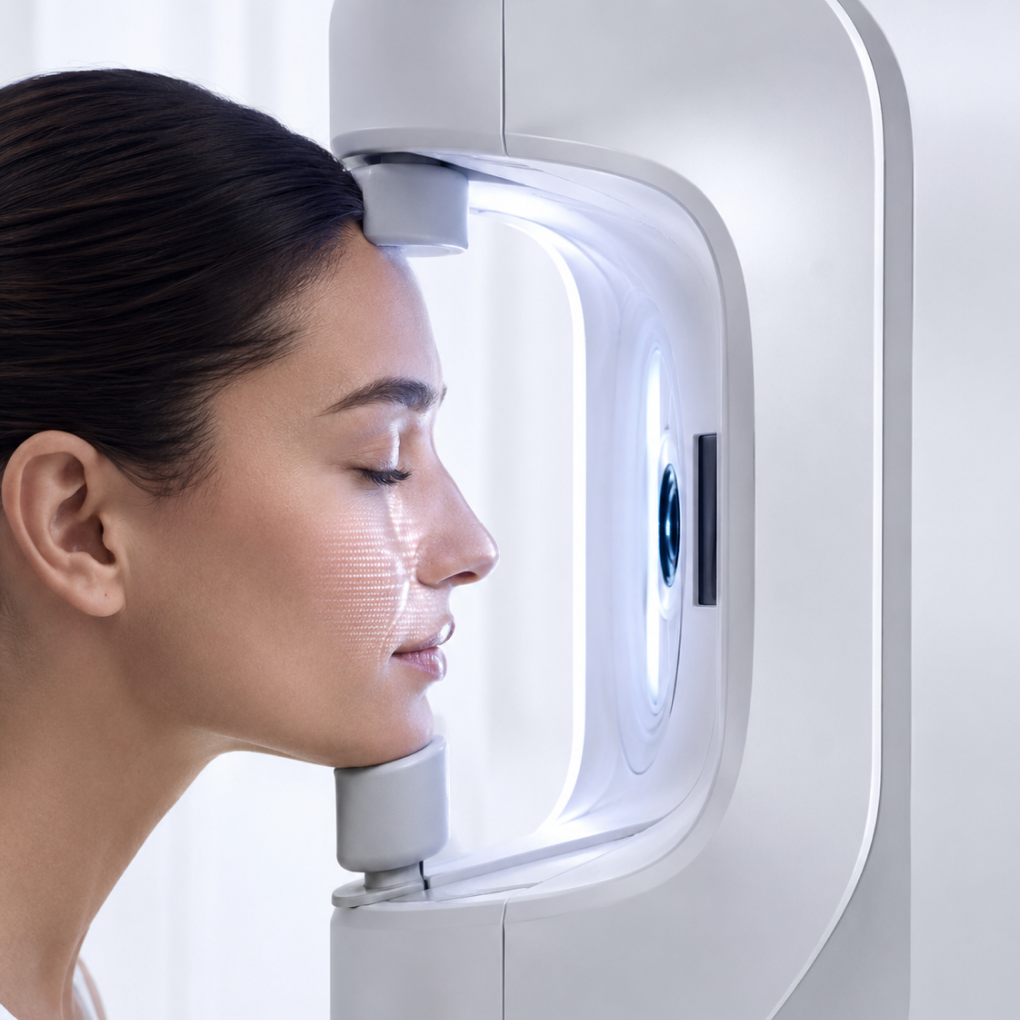 Profile view of a woman with eyes closed resting her chin and forehead in a modern skin imaging scanner as light grid patterns project onto her cheek.