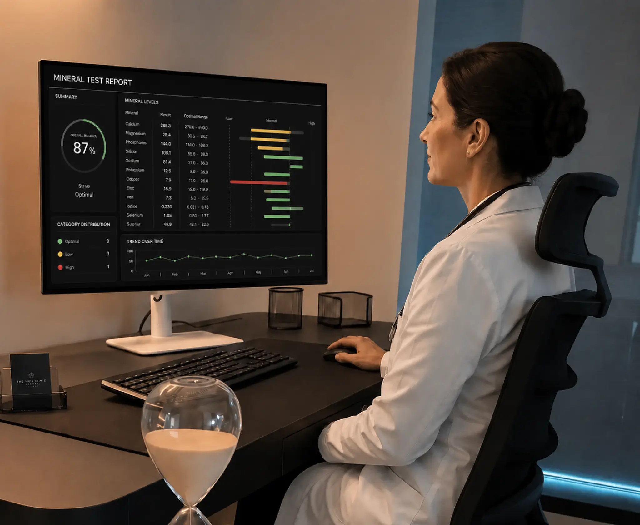 A female doctor in a lab coat sitting at a desk and looking at a "Mineral Test Report" displayed on a monitor.