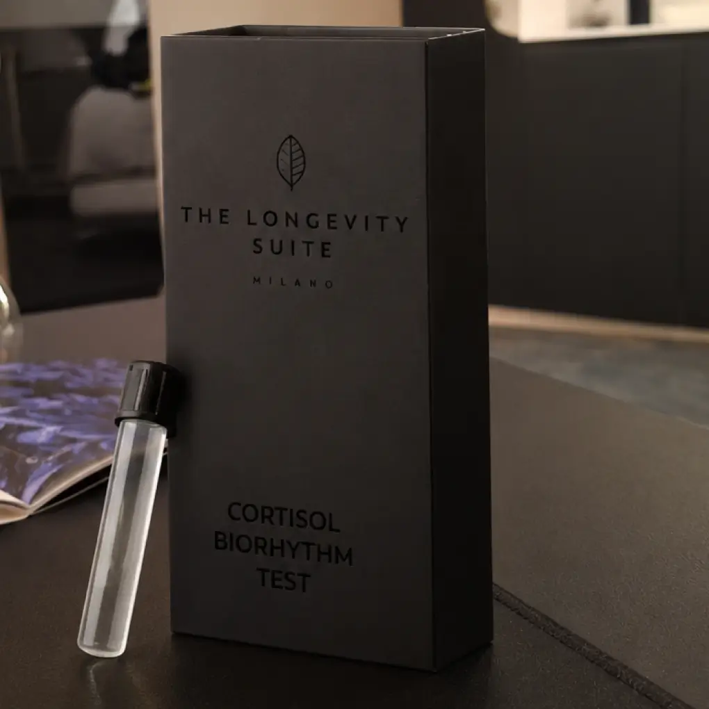 A black presentation box and clear sample vial for The Longevity Suite's Cortisol Biorhythm Test.