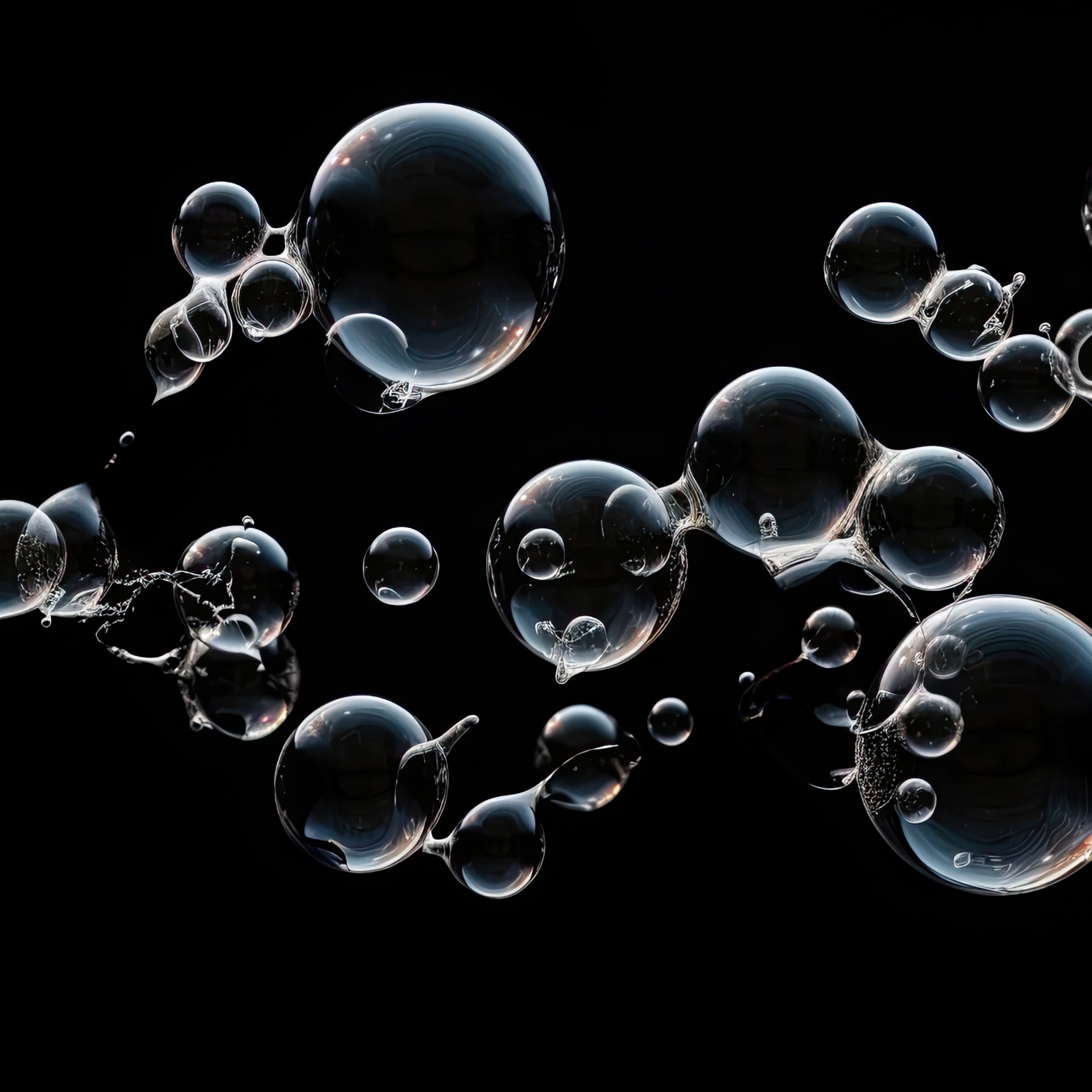 Floating transparent soap bubbles and water droplets cluster against a solid black background