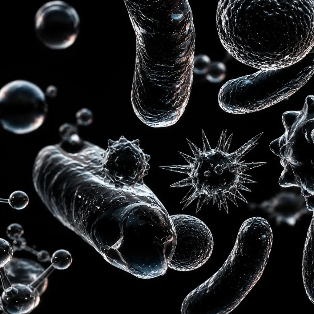 3D rendering of microscopic organisms and bacteria against a dark background.