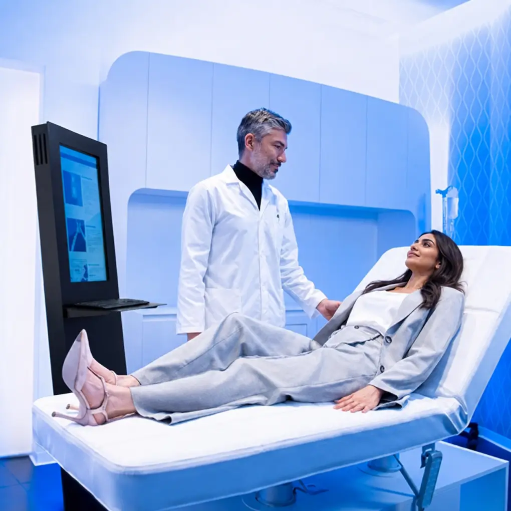 Clinician and patient during a check-up in a modern longevity suite.