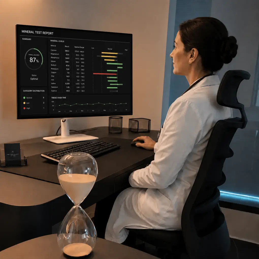 A female doctor in a white lab coat sitting at a desk and reviewing a "Mineral Test Report" on a large desktop monitor, with an hourglass standing in the foreground