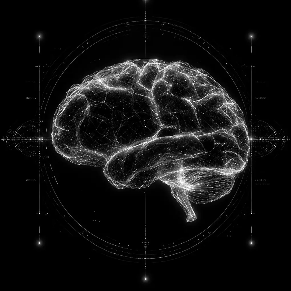 Glowing digital network visualization of a human brain in side profile on a dark background.