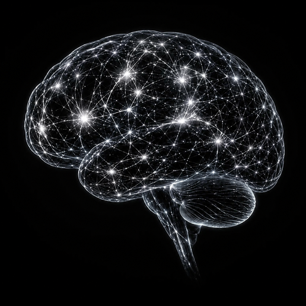 A glowing digital neural network forming the shape of a human brain against a black background.