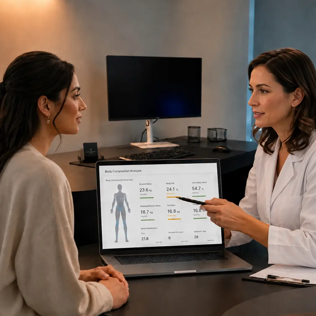 A healthcare professional in a white coat explaining body composition analysis metrics on a laptop screen to a client during a consultation.