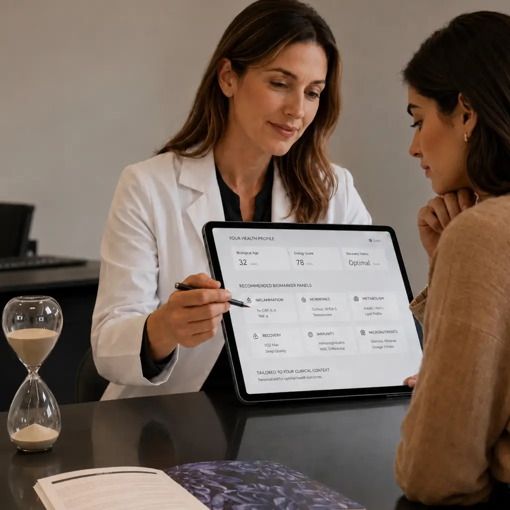 A doctor pointing to custom laboratory test results on a tablet during a longevity consultation with a patient.