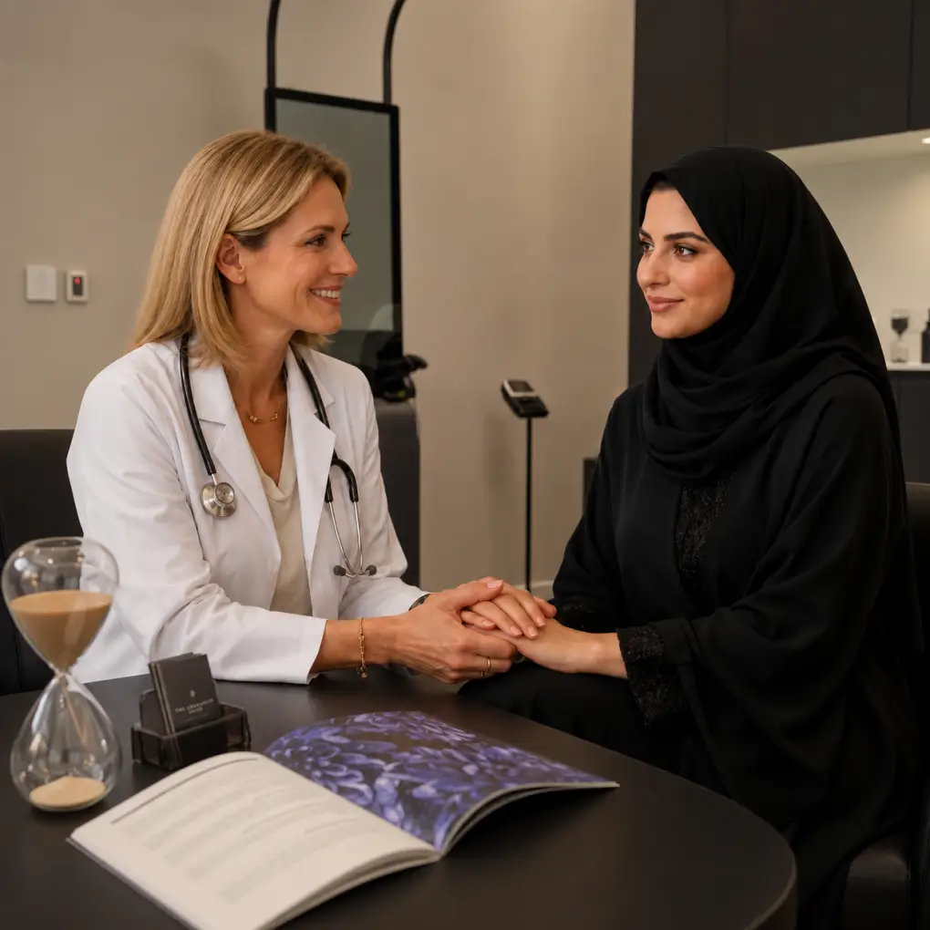 A female doctor in a white coat holding hands and smiling with a patient wearing a black hijab during a medical consultation.
