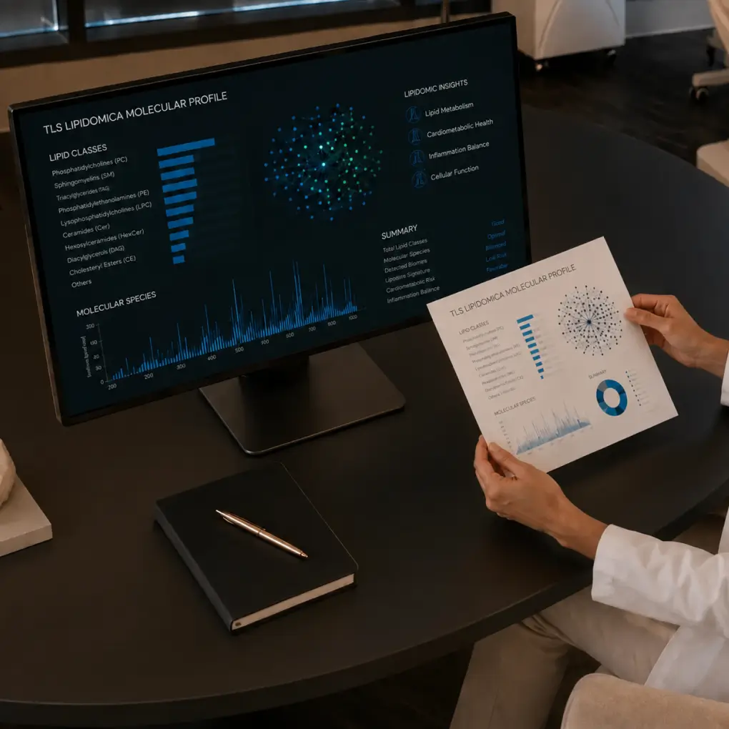 A person holding a printed TLS Lipidomica Molecular Profile report next to a monitor displaying lipid classes, molecular species, and lipidomic insights summary charts.