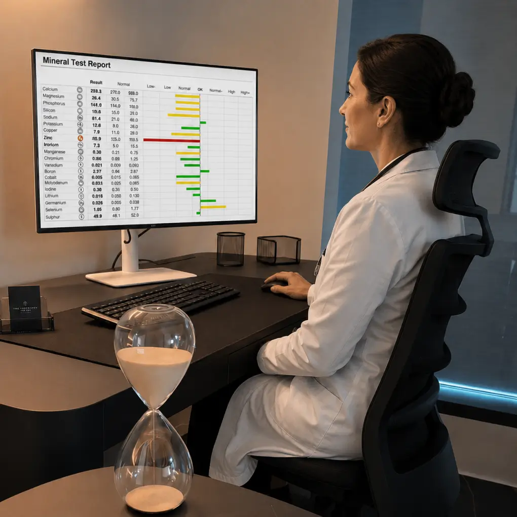 A doctor sitting at a desk reviewing a Mineral Test Report on a large monitor next to a glass hourglass.