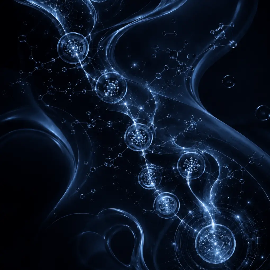 Abstract glowing blue illustration of connected microscopic spheres and molecular structures floating along fluid dark waves.