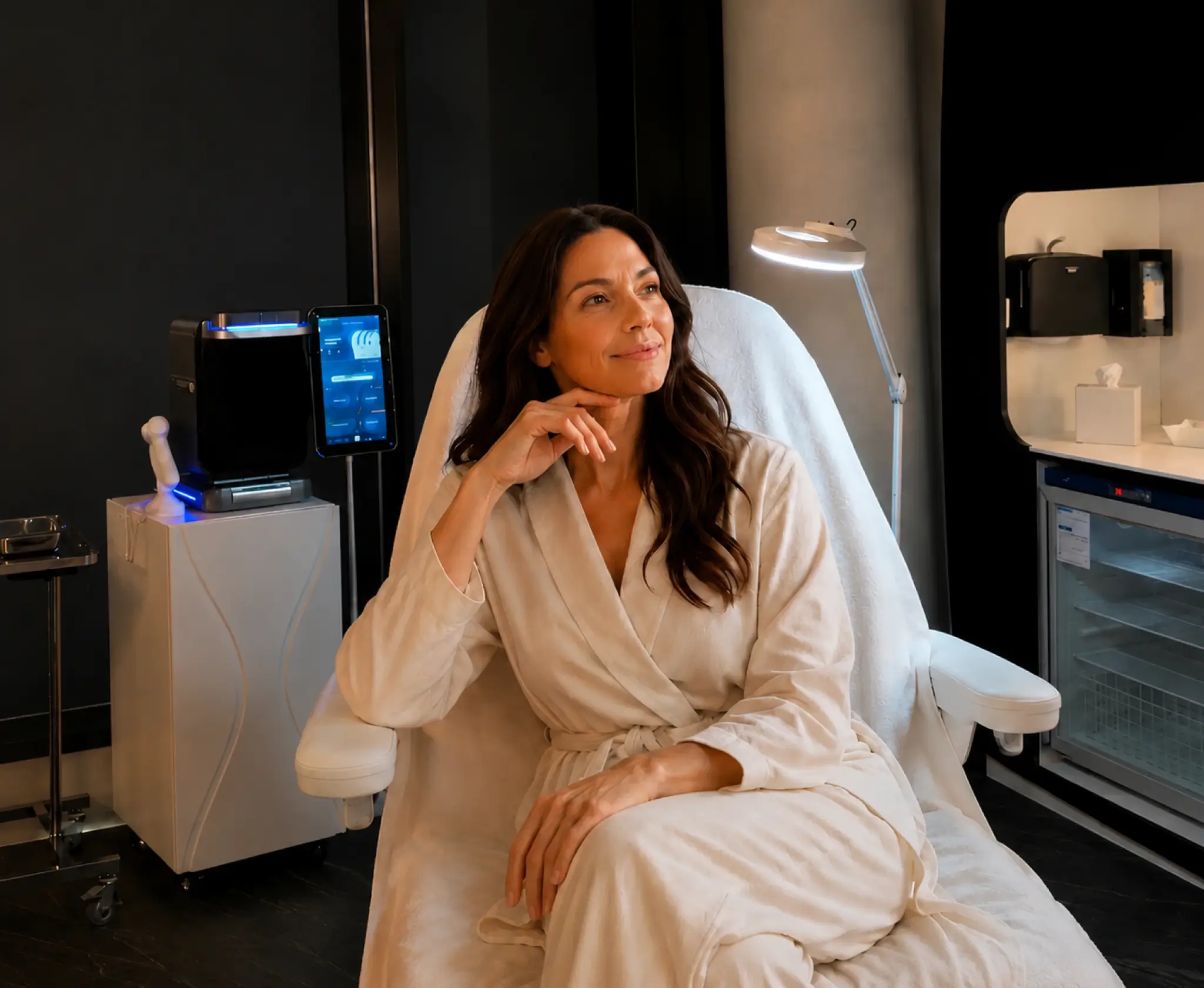 A smiling woman in a white bathrobe sits comfortably in a specialized medical treatment chair inside a modern, dimly lit longevity clinic, surrounded by advanced skincare and diagnostic equipment.