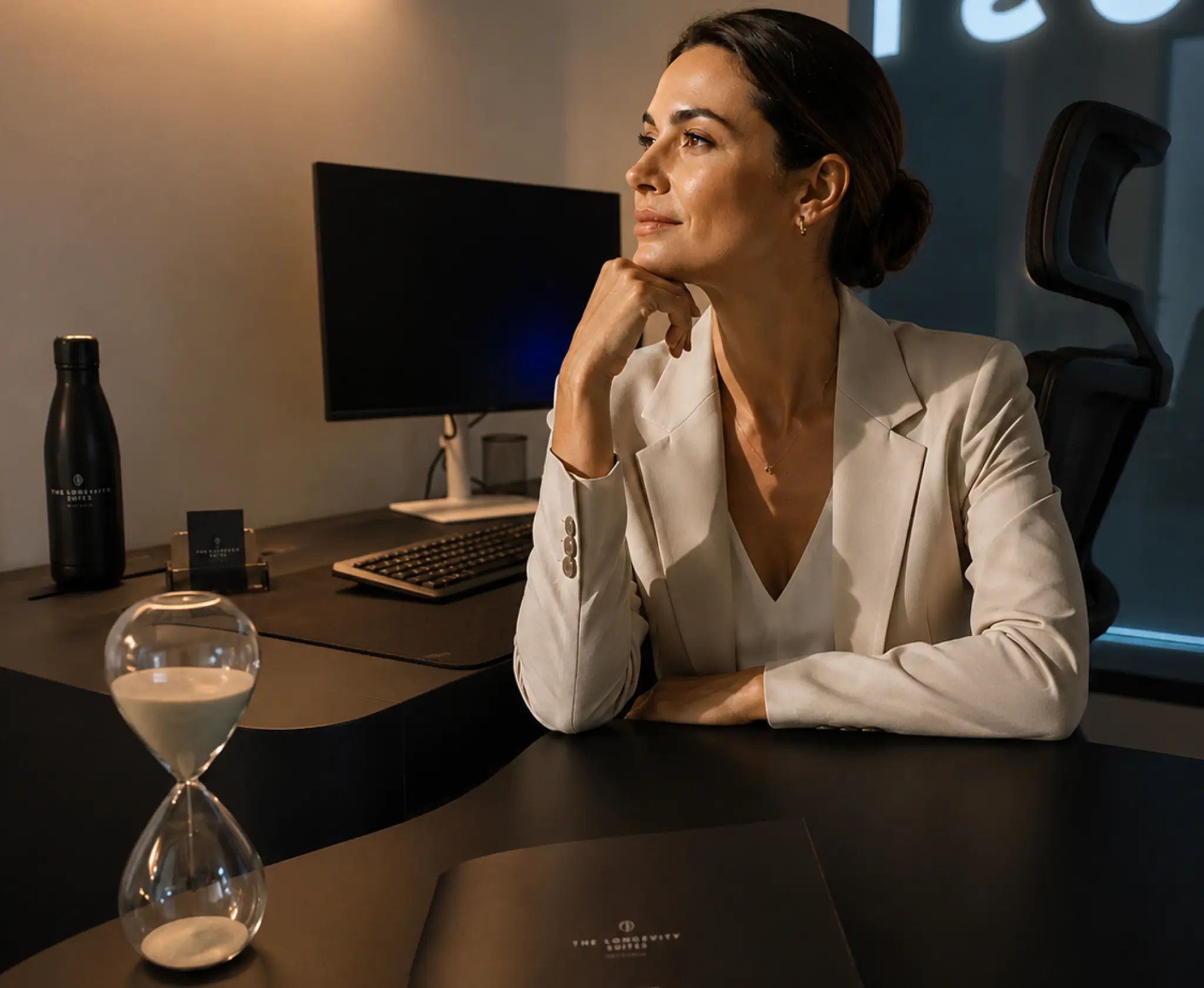 A woman in a white blazer sitting thoughtfully at a dark office desk with a computer monitor, hour-glass, and sleek water bottle.