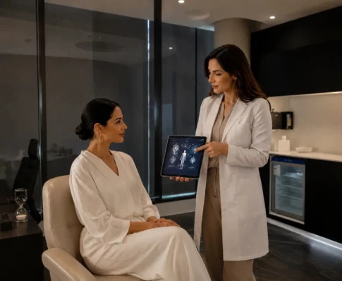 A doctor pointing to body scan analysis on a digital tablet during a consultation with a patient in a modern longevity suite.
