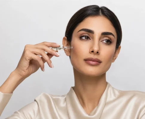 Woman in a cream satin top applying a skincare serum near her eye with a glass dropper.