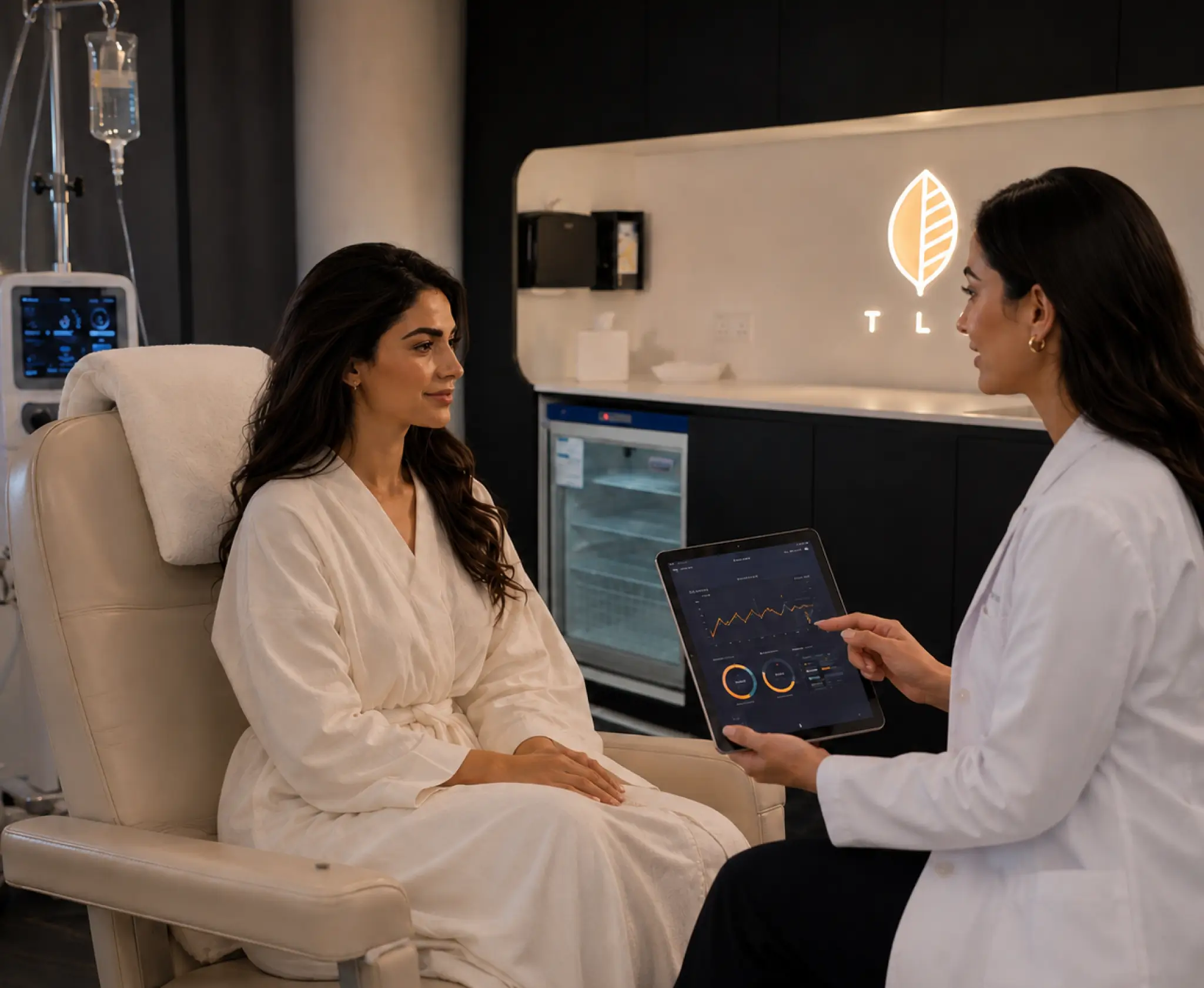 A doctor showing health data on a tablet to a female patient seated in a modern longevity clinic.