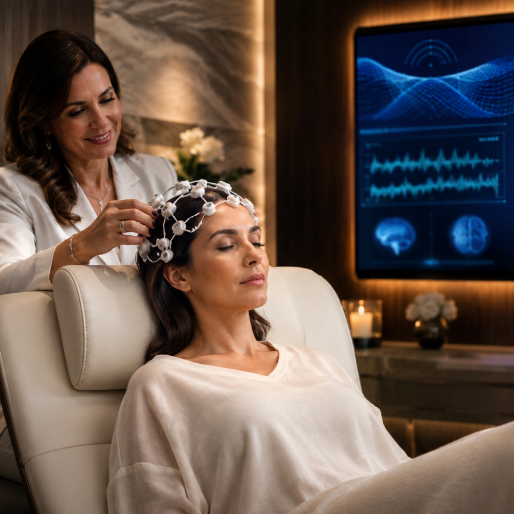 A practitioner adjusting an EEG neuro-assessment headset on a seated patient in a luxury longevity suite.