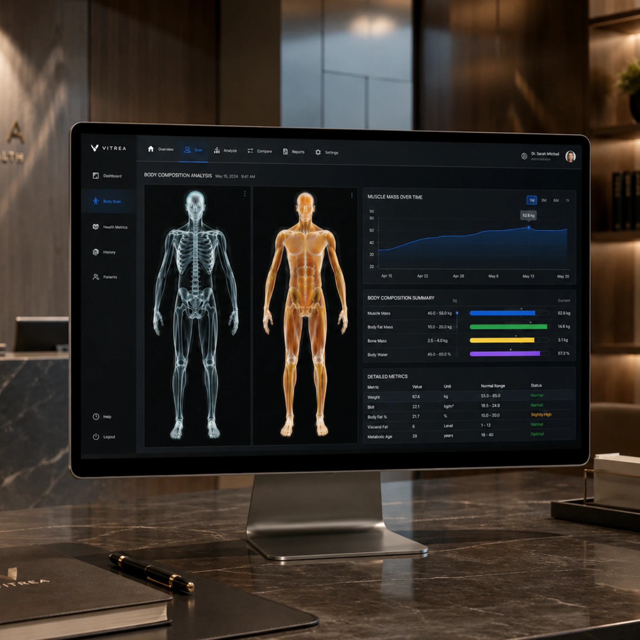 A desktop computer monitor displaying a "Body Composition Analysis" software dashboard with 3D human body scans, muscle mass graphs, and health metrics.