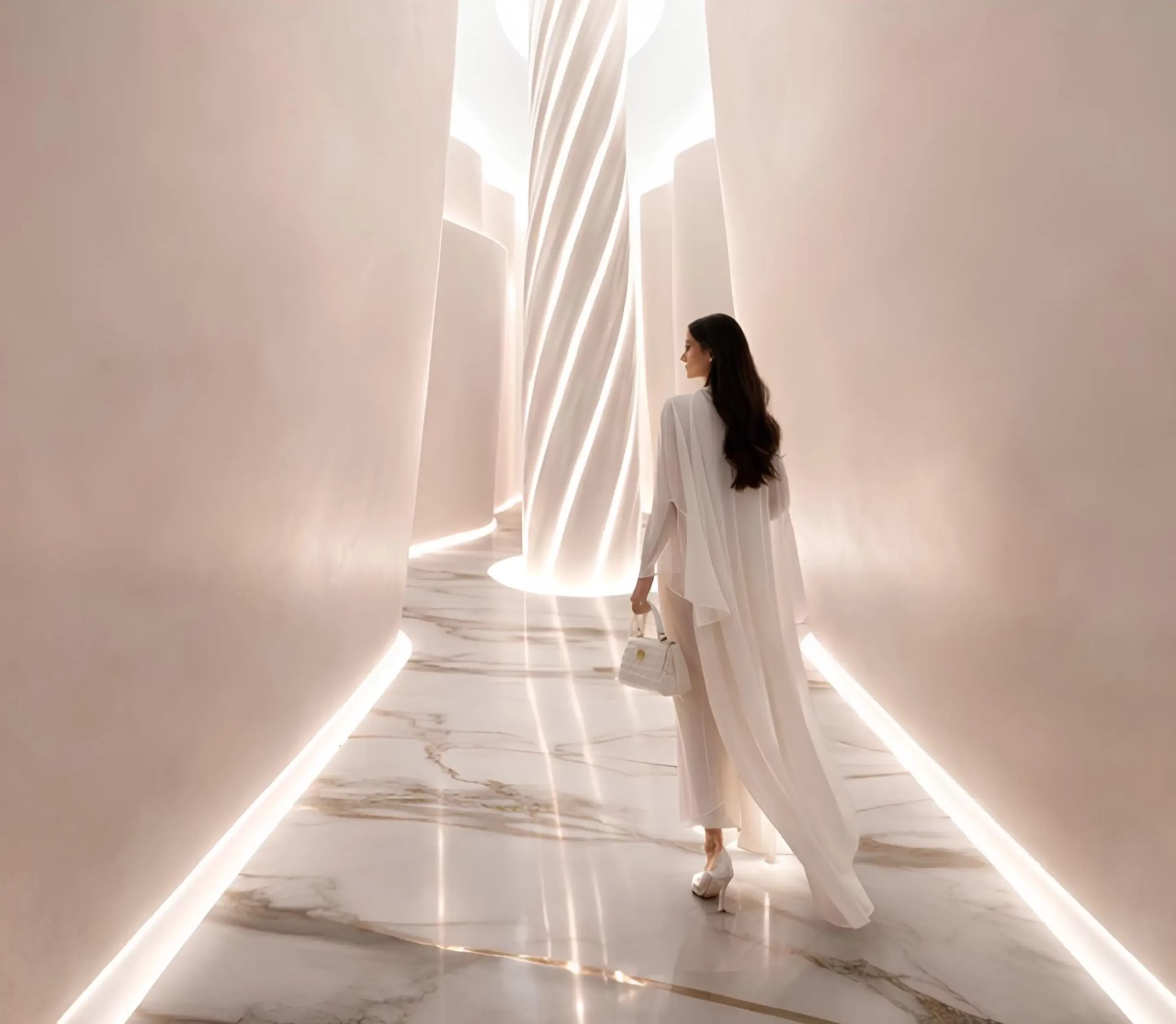 Elegant woman walking through a modern, brightly lit luxury marble corridor at The Longevity Suite.