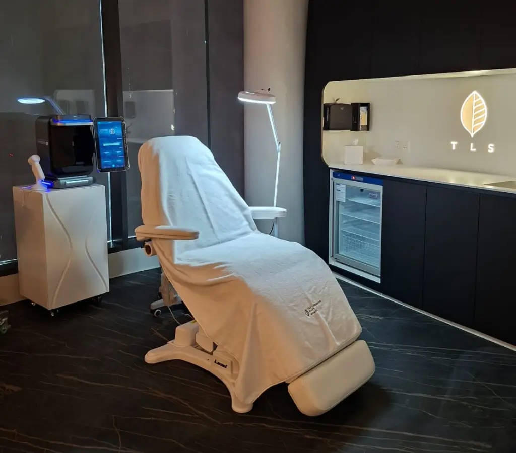 Modern treatment room at The Longevity Suite featuring an adjustable treatment bed, skin diagnostic device, and illuminated logo.